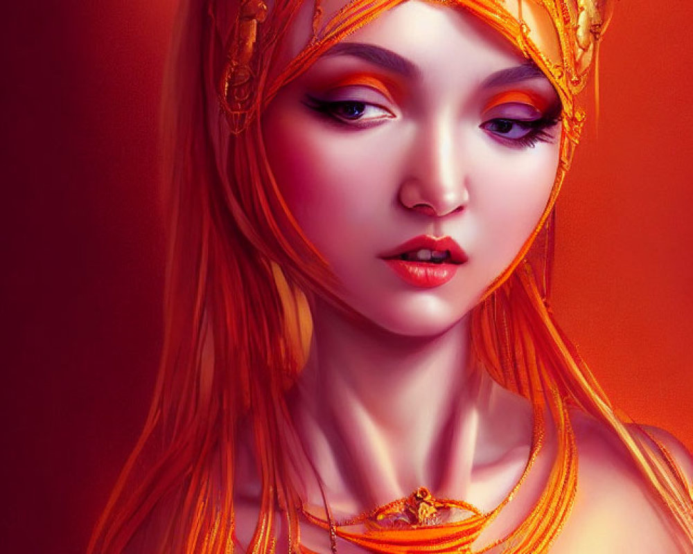 Digital illustration of woman with long orange hair and gold crown on red background