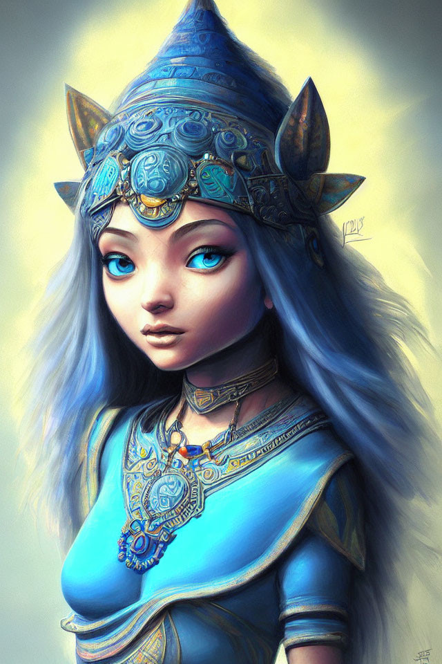 Fantasy character with blue skin, silver hair, and ornate blue armor