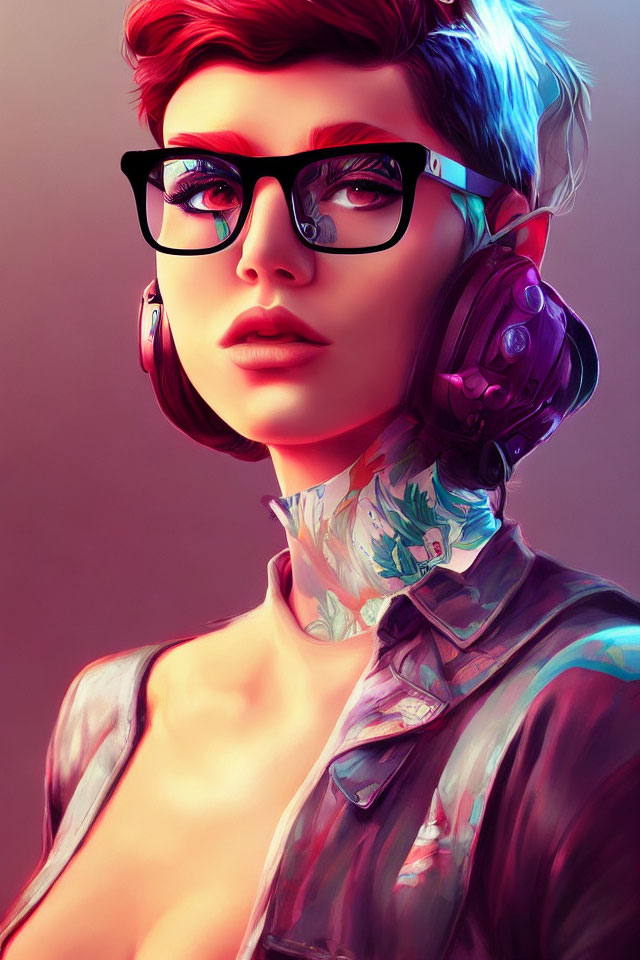 Digital portrait: Person with blue hair, glasses, headphones, and neck tattoo.