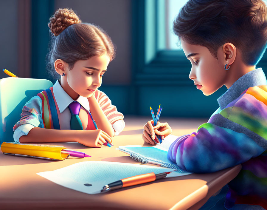 Children Writing in Notebooks at Desk with Pencils and Crayons