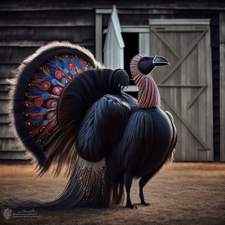 Colorful peacock illustration in front of rustic barn