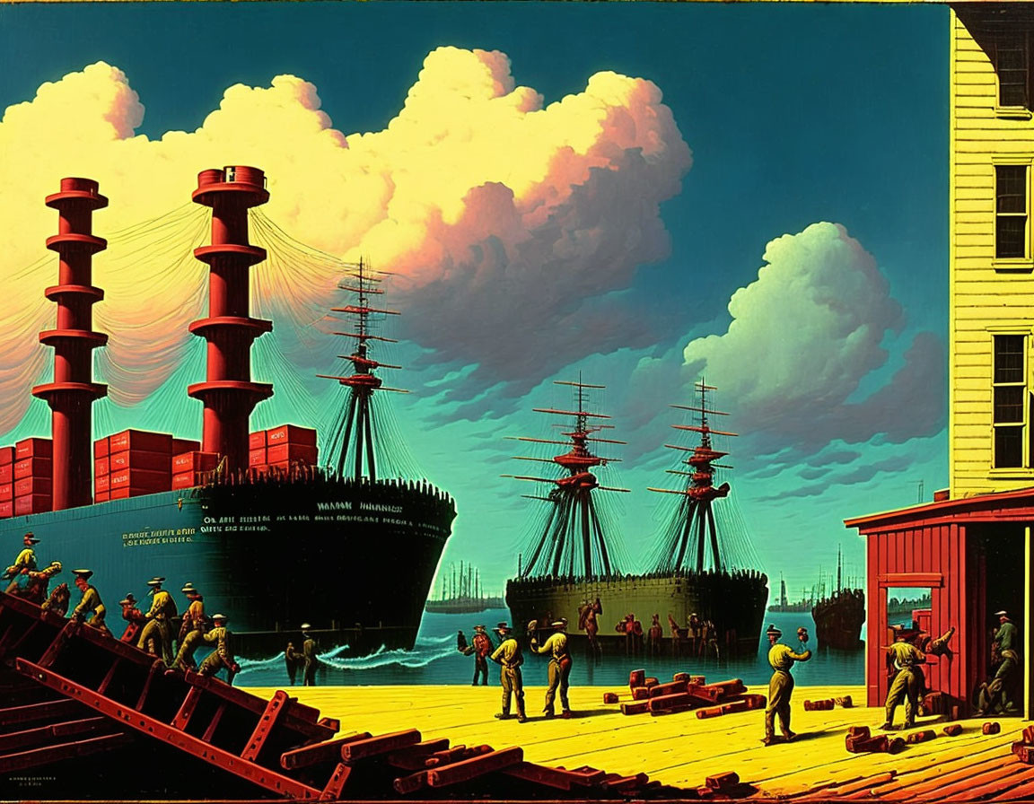 Busy Dock Scene with Workers, Ships, Crates, and Vibrant Colors