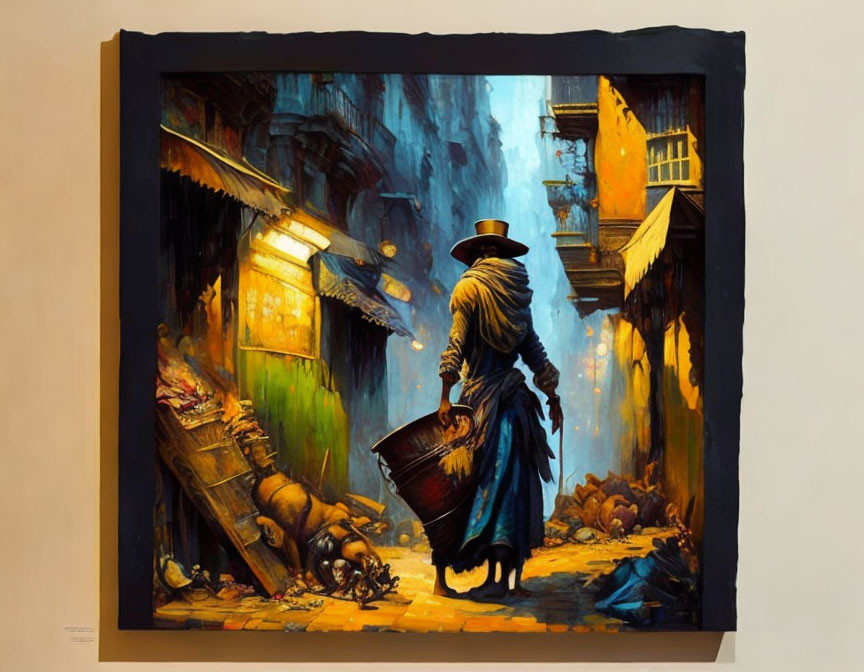 Cloaked Figure with Bucket Walking in Narrow Street