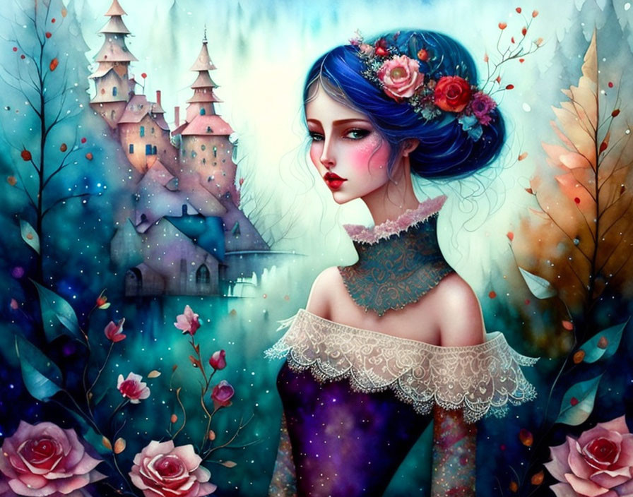 Illustration of woman with blue hair and floral dress in front of whimsical castle.