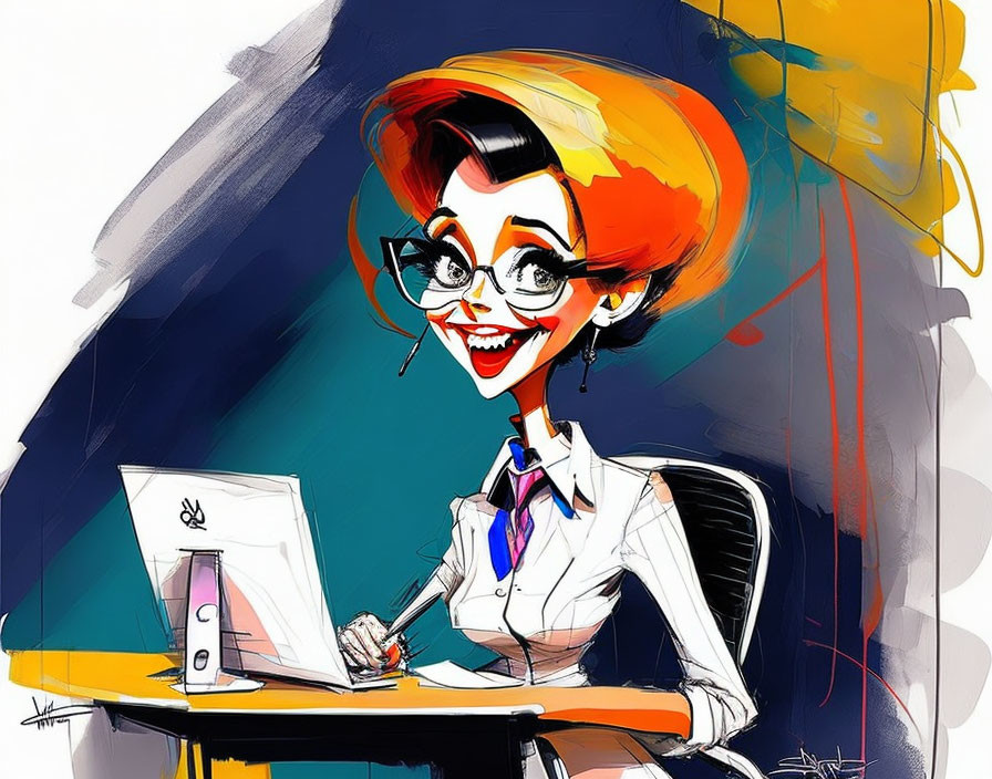 Vibrant caricature of a smiling woman with red hair and glasses at a laptop desk