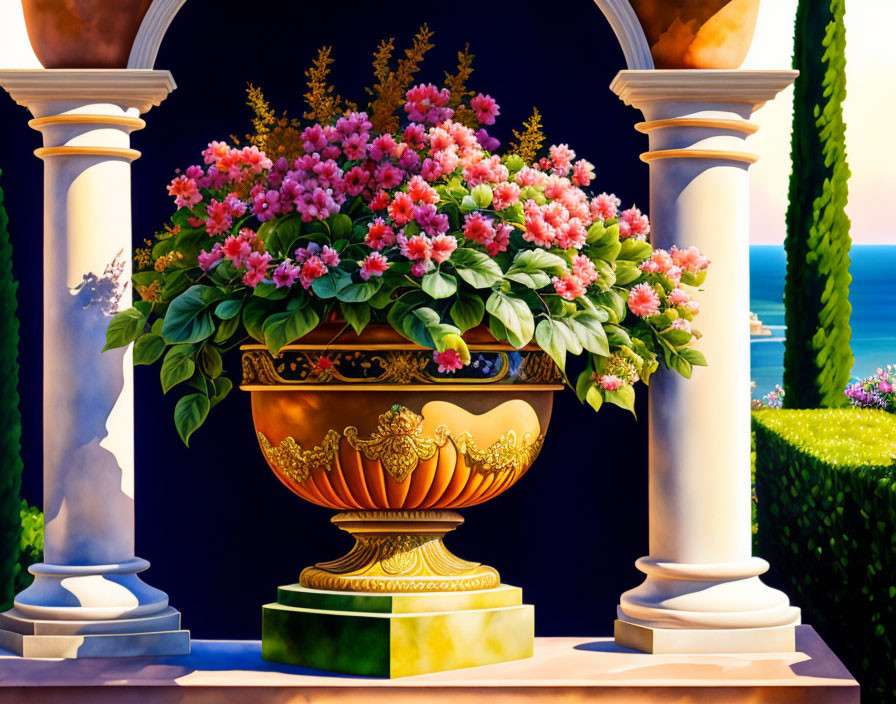 Golden vase with pink blooms on terrace near white columns and seascape.