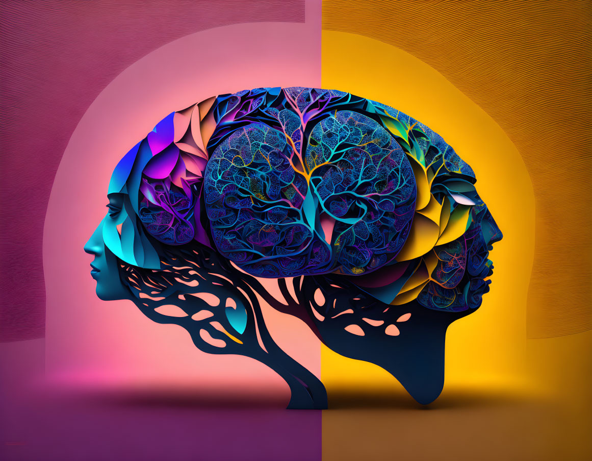 Colorful digital artwork: Two merged human heads with vibrant brain structure on geometric background