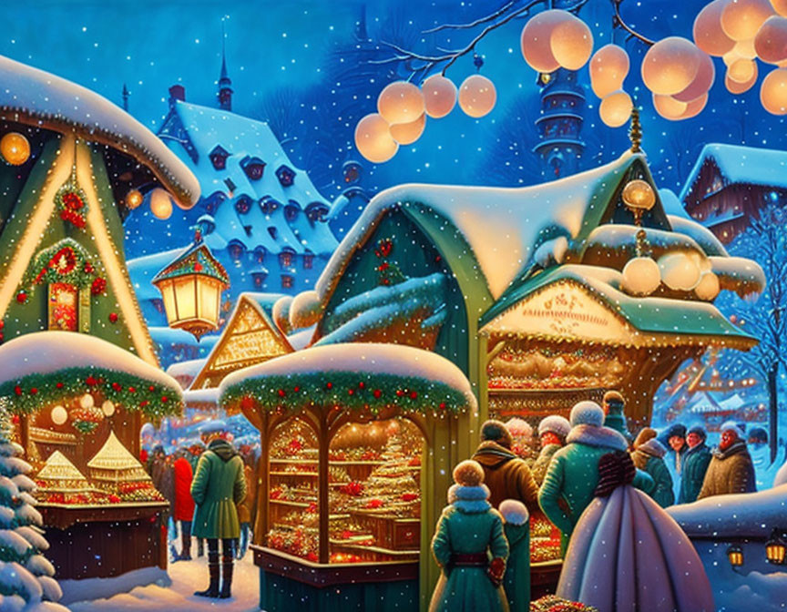 Festive Snow-Covered Holiday Market at Night