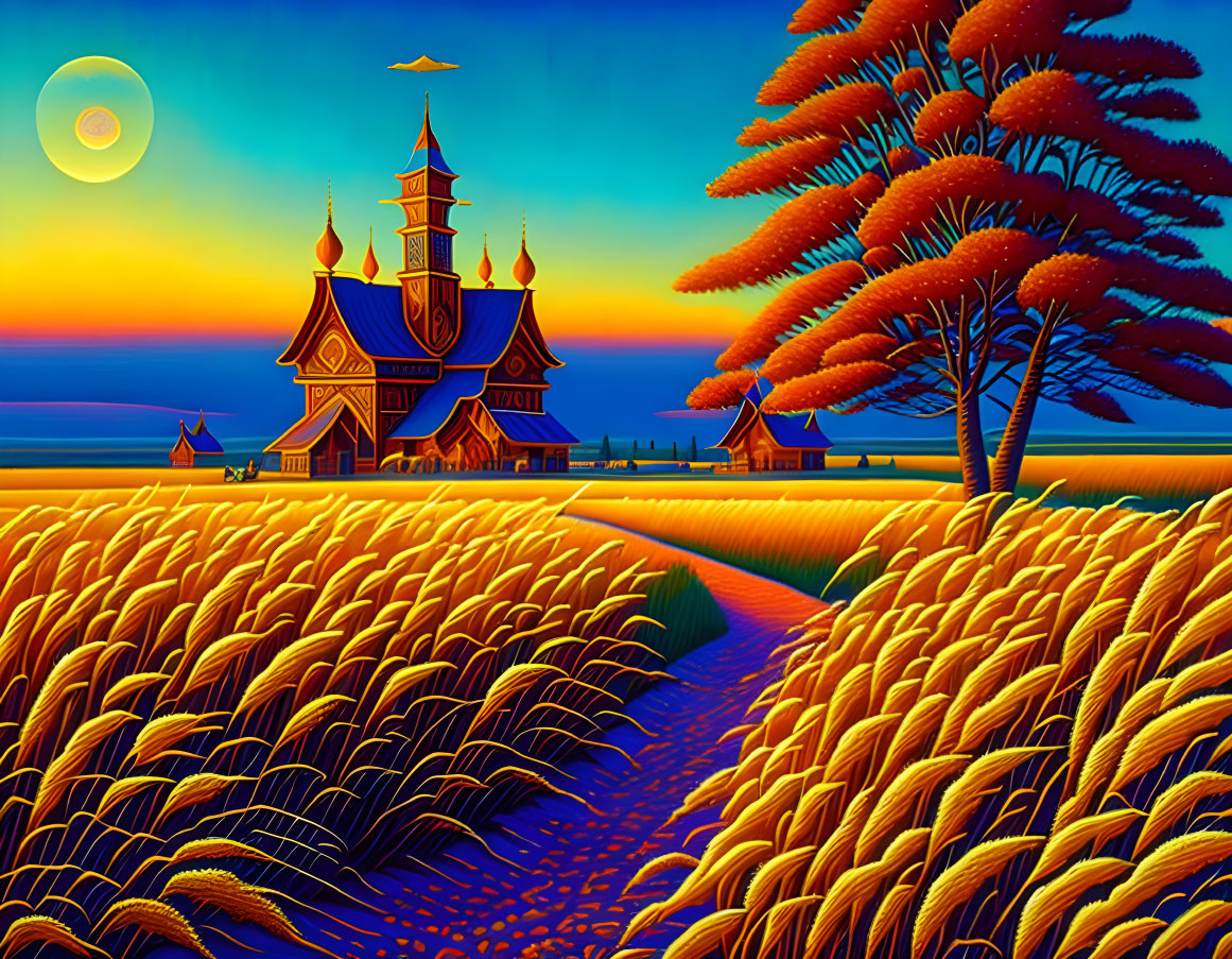 Golden wheat field painting with curving path to wooden house under twilight sky