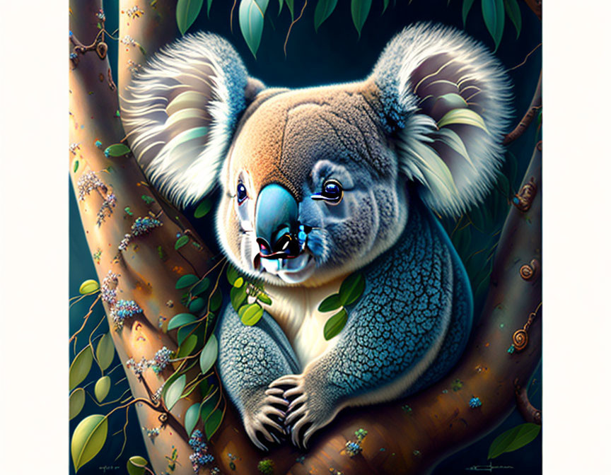 Detailed Koala Illustration on Tree Branch with Green Foliage