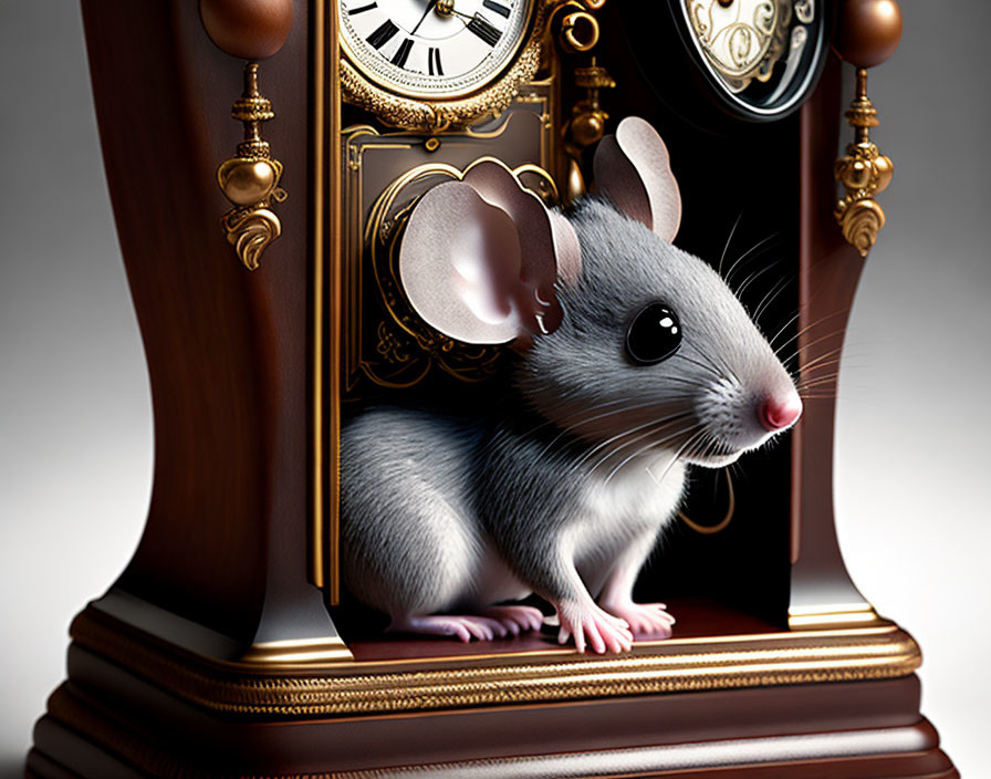 Realistic gray mouse in antique wooden clock door.