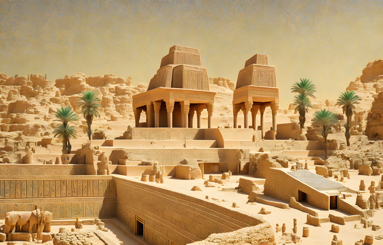 Ancient Egyptian landscape with temples, palm trees, and hieroglyphics