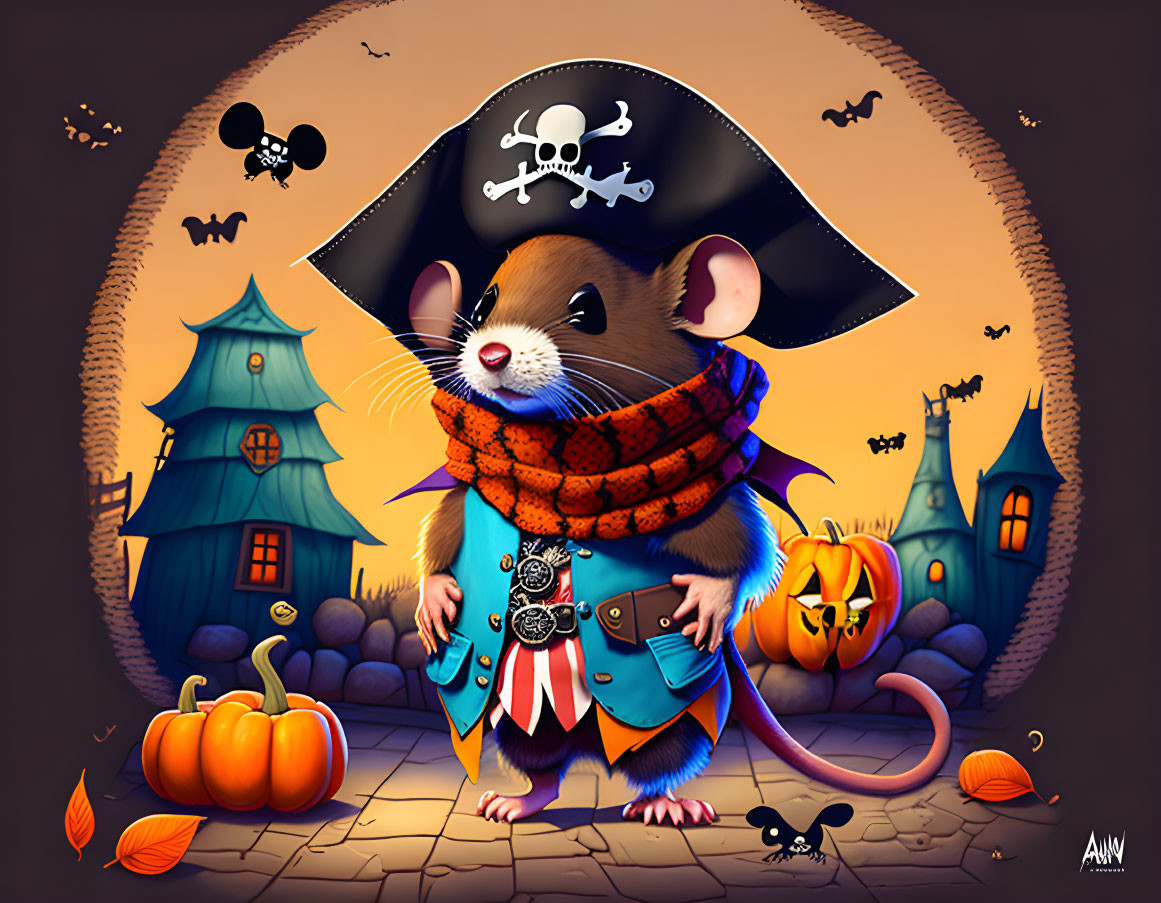 Illustrated pirate mouse in Halloween scene with pumpkins, bats, and eerie houses