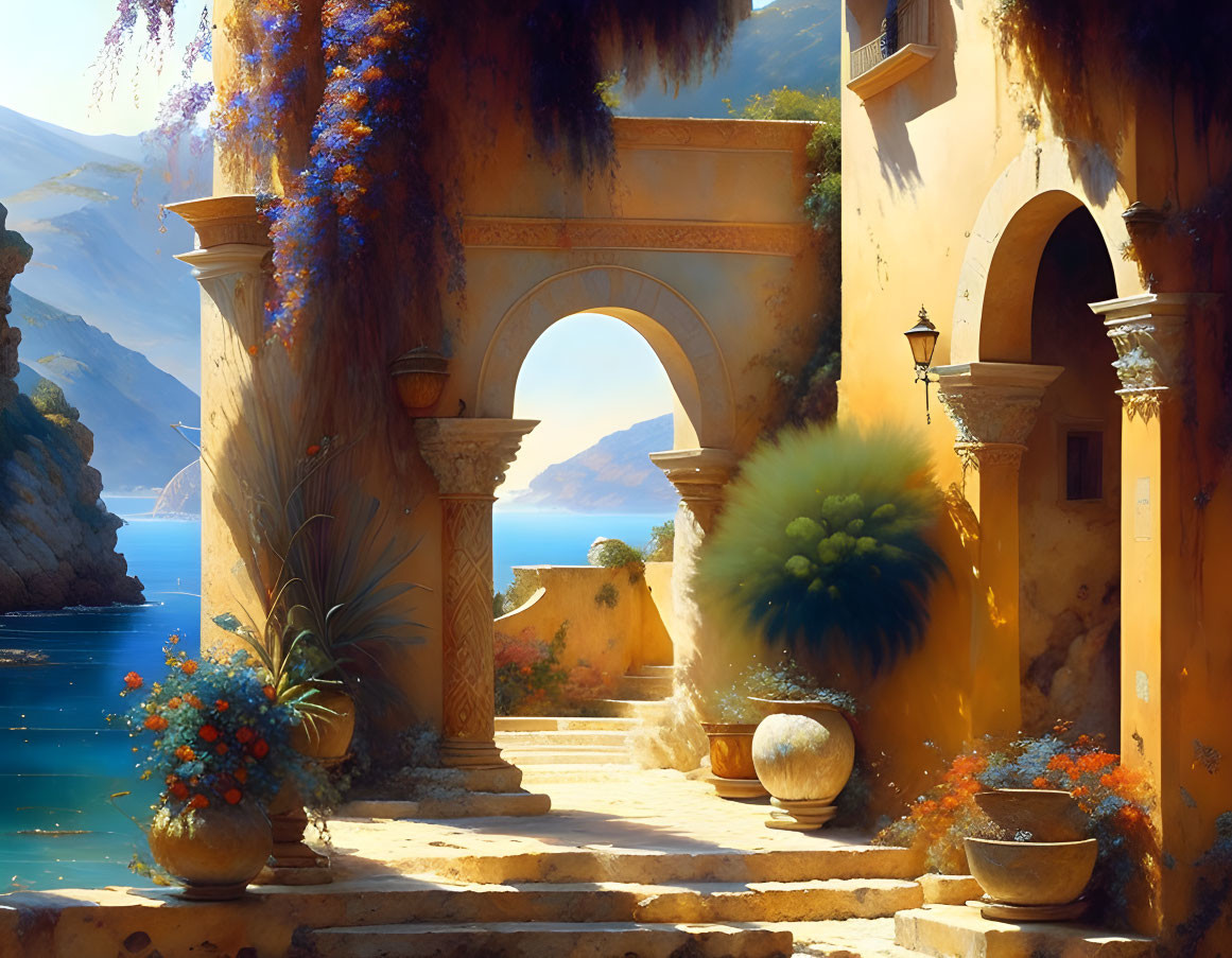 Sunlit archway and sea view in tranquil coastal scene