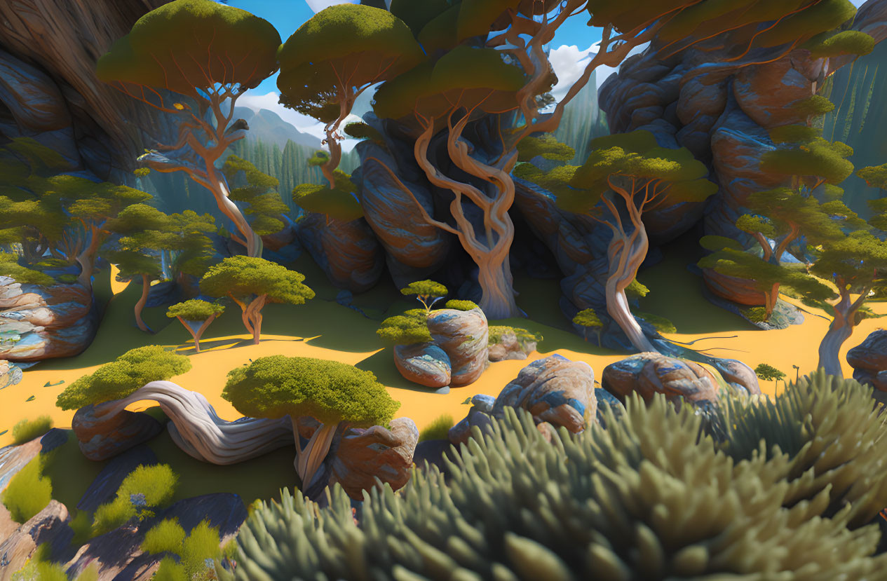 Majestic surreal forest with twisted trees and golden ground