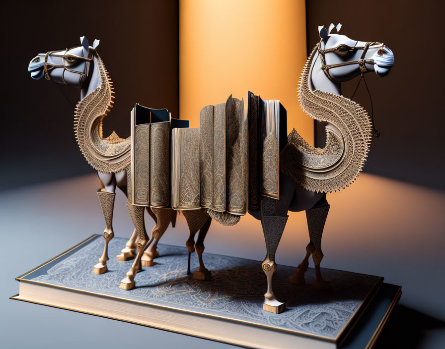 Ornate camel bookend with intricate patterns on decorative book against amber backdrop