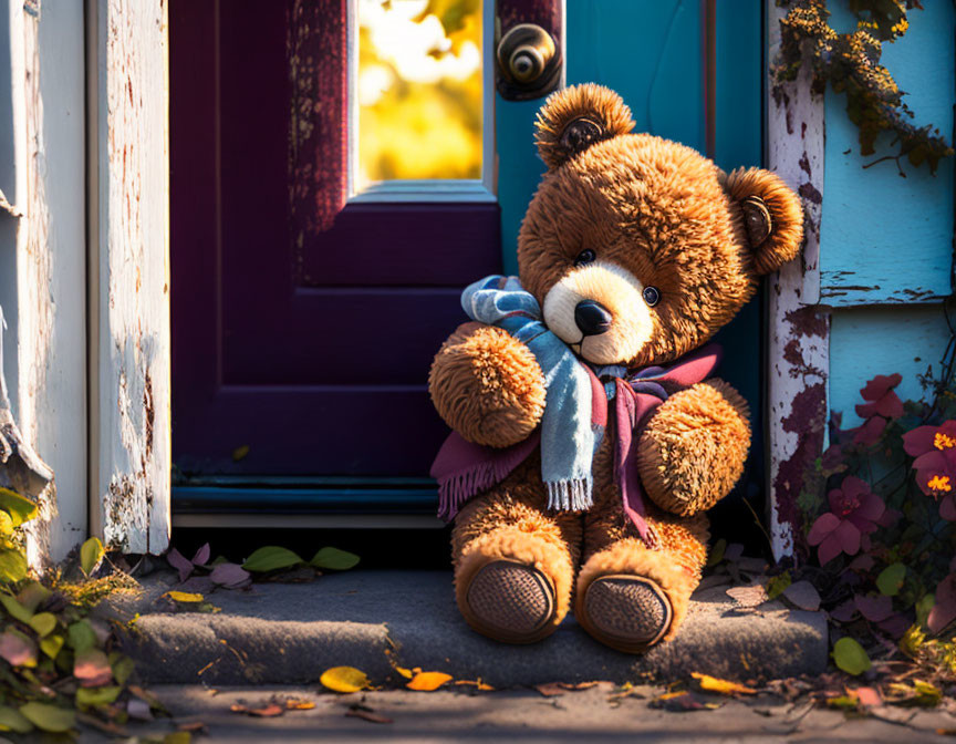 Plush teddy bear with scarf on doorstep beside blue door