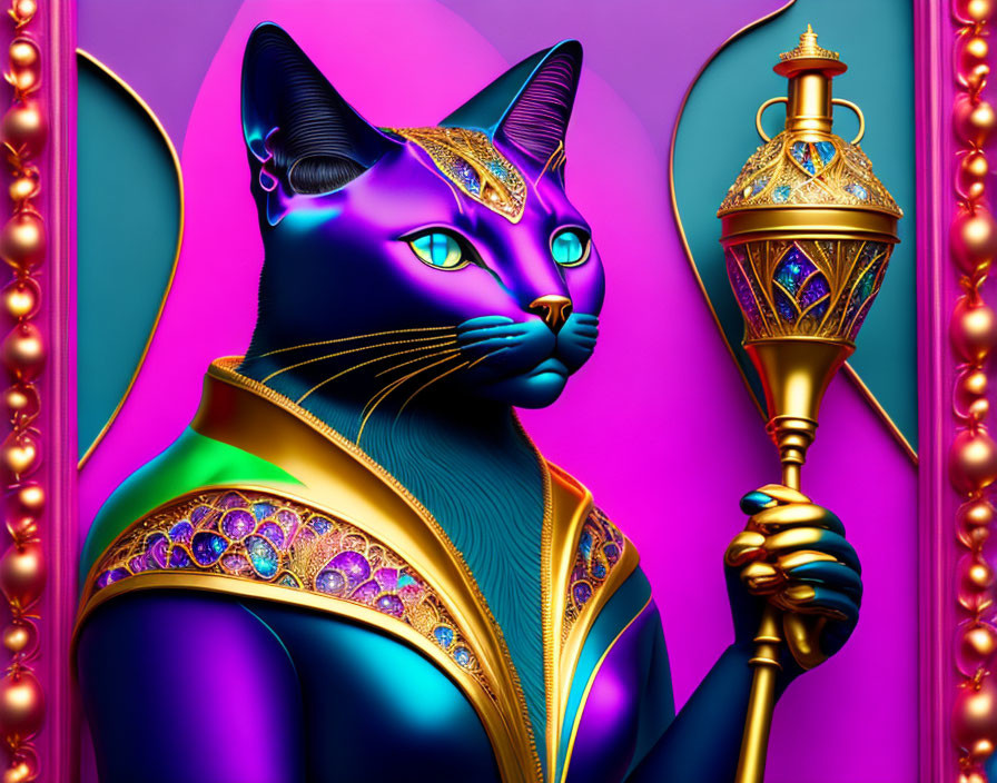 Anthropomorphic blue cat with ornate attire on purple and pink background