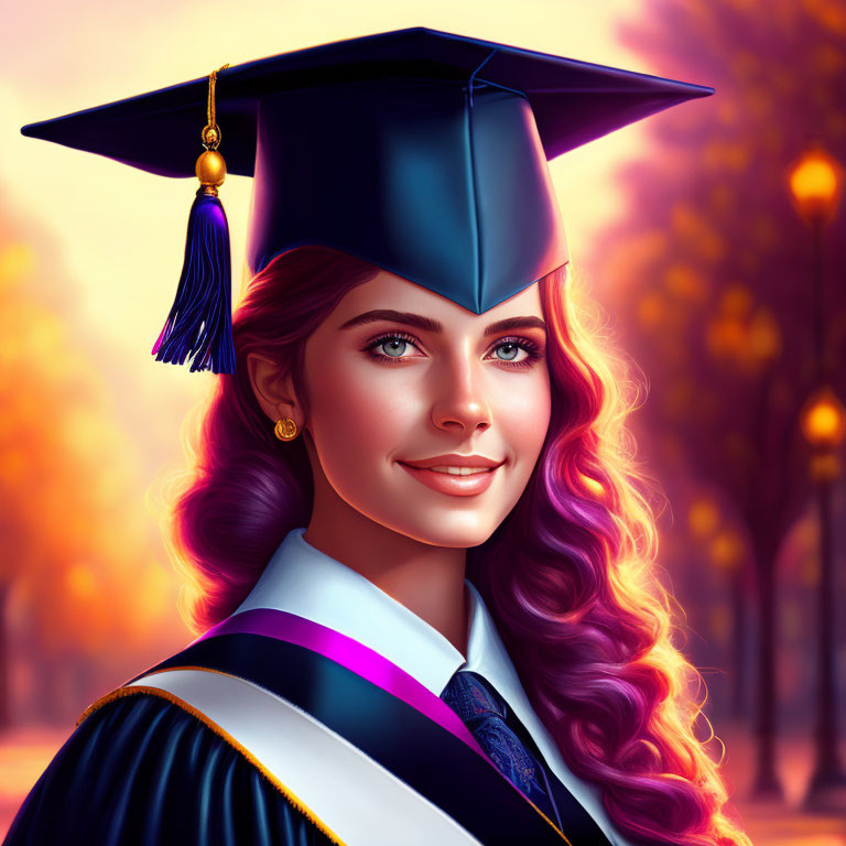 Smiling female graduate in cap and gown in autumn park