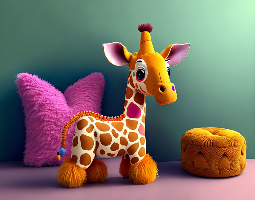 Colorful Toy Giraffe with Yellow Body, Brown Spots, Orange Mane, Standing Near Purple Cush