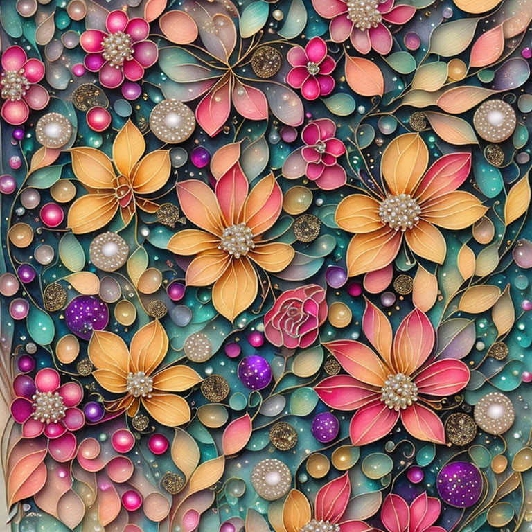 Intricate Floral Pattern with Stylized Flowers and Beads on Teal Background