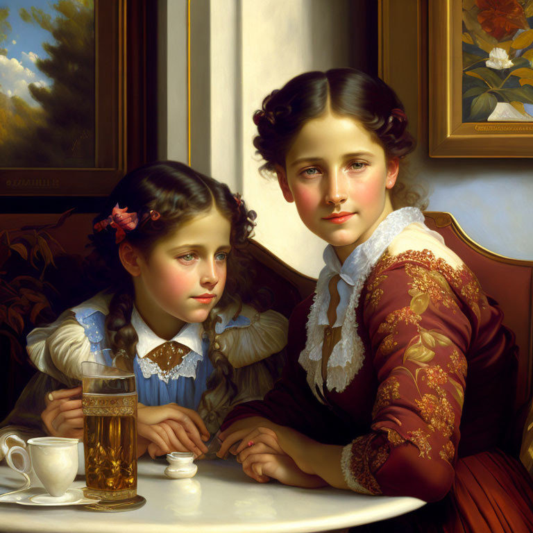 Portrait of Two Young Girls in Period Attire Seated at Table