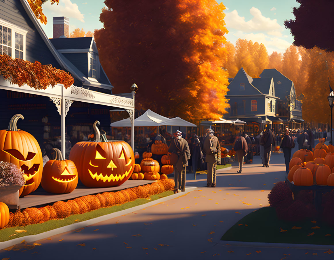 Vibrant autumn street scene with carved pumpkins, stalls, and orange trees