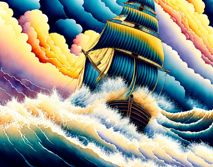 Colorful painting of sailing ship with blue sails on tumultuous seas and stylized clouds