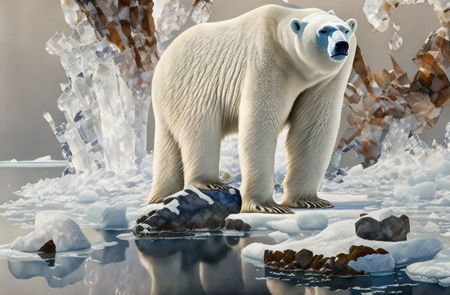 Polar bear on melting ice floe surrounded by water and ice cliffs