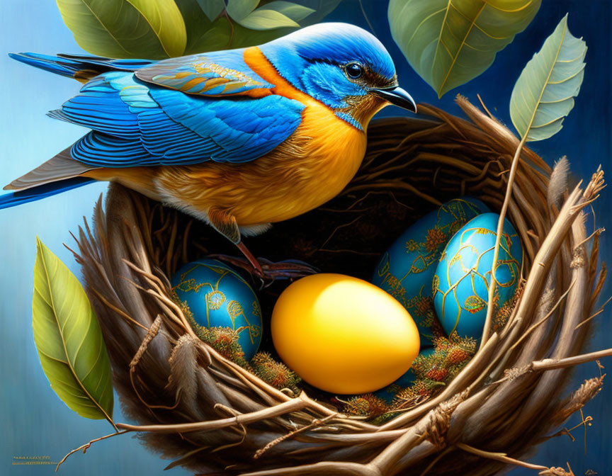 Colorful Bird Nest with Decorated Eggs and Gold Egg in Green Leaves