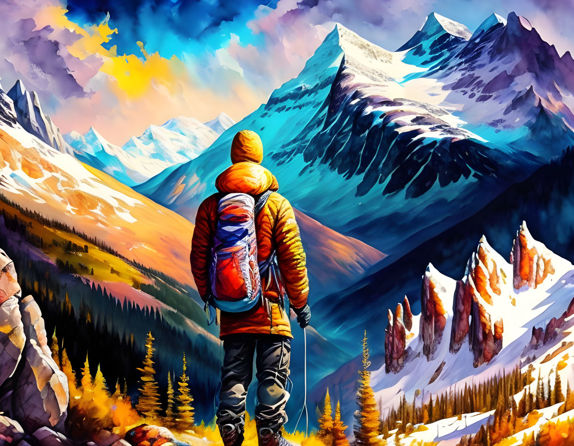 Person in Orange Jacket Facing Snow-Capped Mountains Under Vibrant Sky