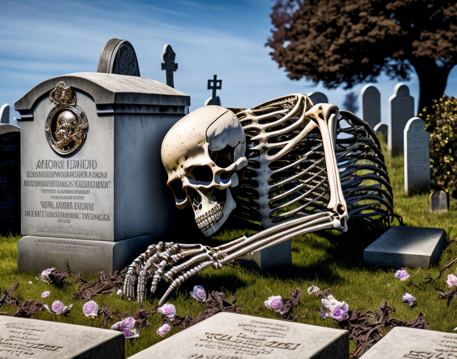 Skeleton beside gravestone in cemetery with purple flowers and tombstones.