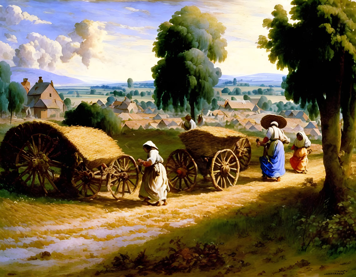 Rural landscape with workers, horse-drawn carts, haystacks, and serene sky