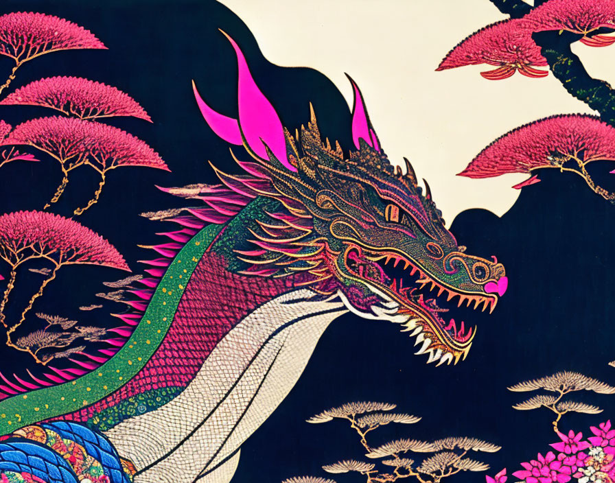 Detailed dragon illustration with multicolored scales in pink tree setting