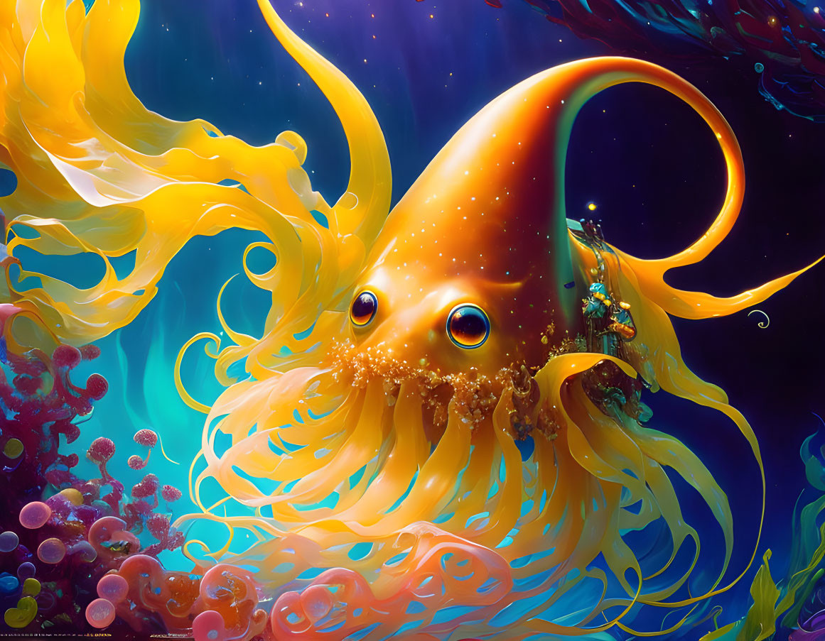 Colorful Digital Art: Fantastical Giant Squid in Vibrant Underwater Scene