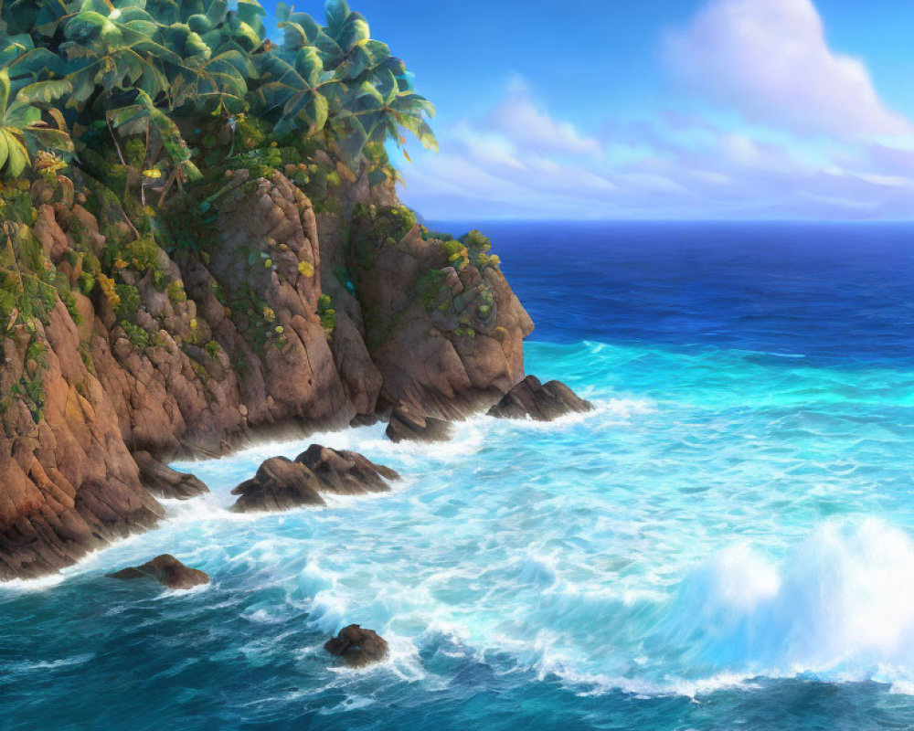 Tranquil tropical seascape with lush green cliffs and turquoise waters
