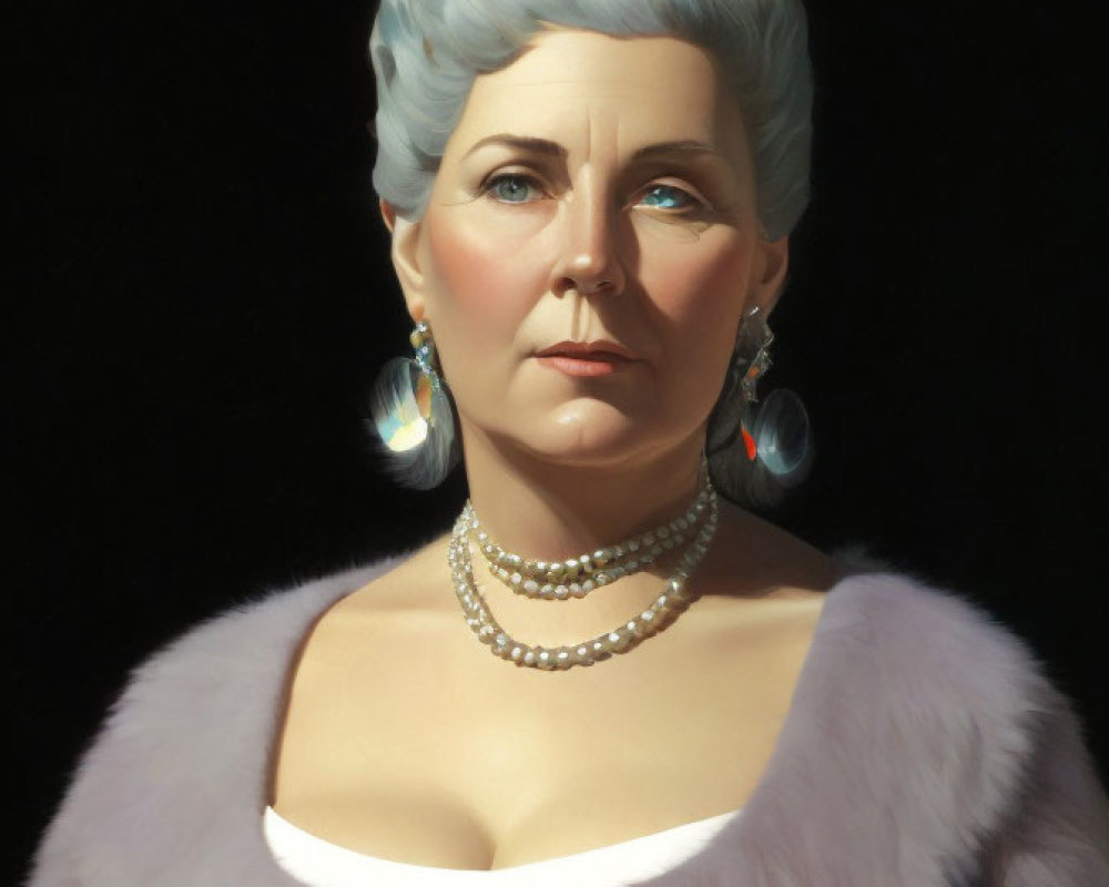 Portrait of Woman with Blue Hair in Pearl Jewelry and White Fur Against Dark Background