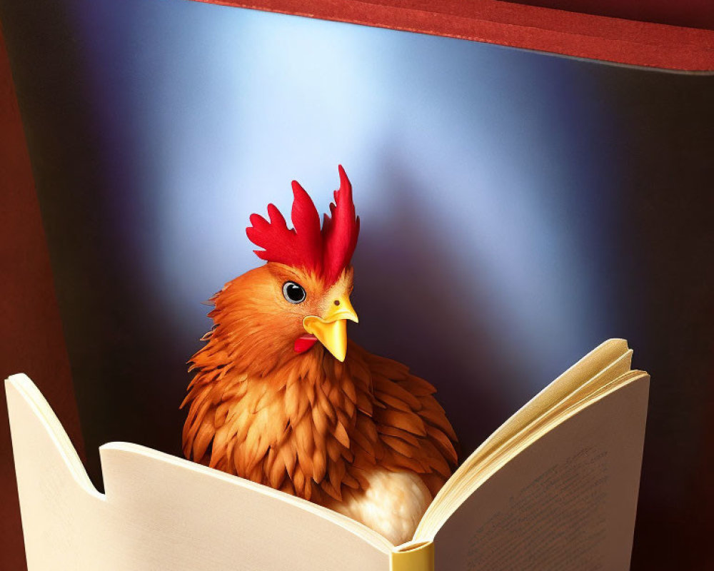 Hen with Red Comb Peeking from Book on Red Surface