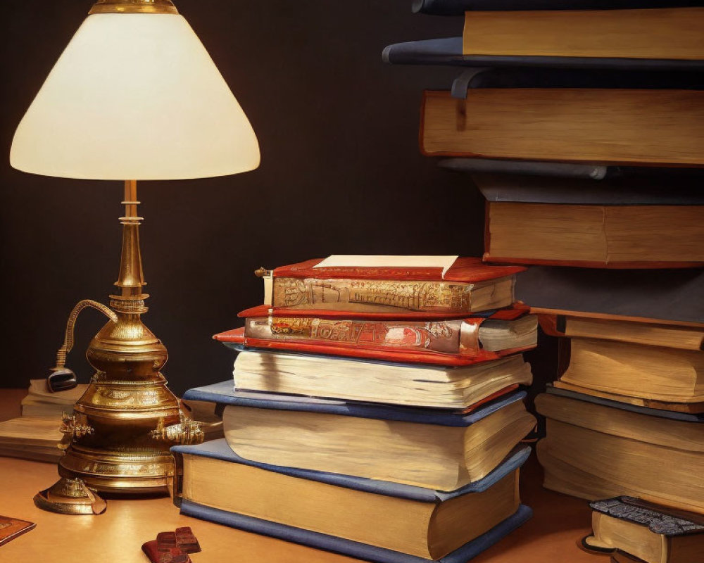 Warm Light Illuminating Classic Lamp and Hardcover Books on Wooden Desk