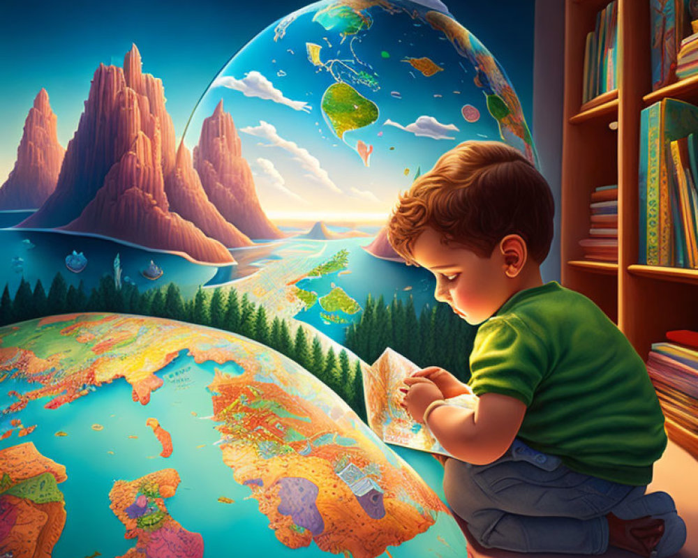 Child reading book next to colorful globe with imaginative landscapes.