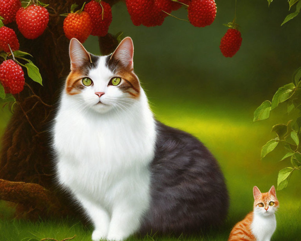 White and Brown Cat with Ginger Kitten under Ripe Raspberry Tree
