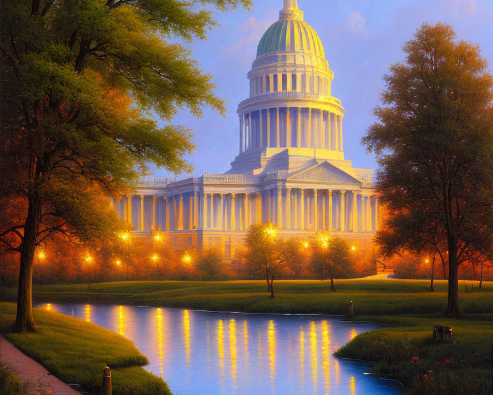Neoclassical domed capitol building reflected in calm river at evening