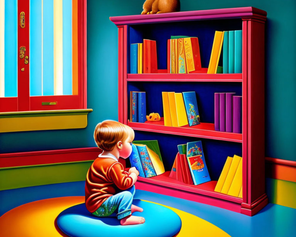 Child reading book in front of red bookshelf with cat in colorful room