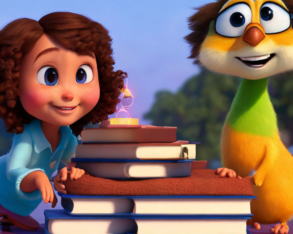 Young girl with brown hair and cute yellow bird character beside a stack of books