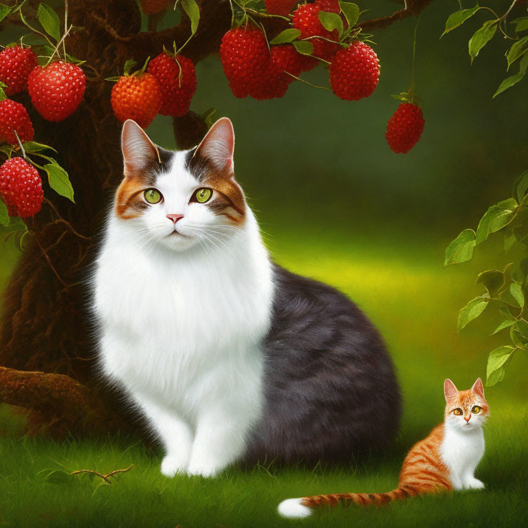 White and Brown Cat with Ginger Kitten under Ripe Raspberry Tree