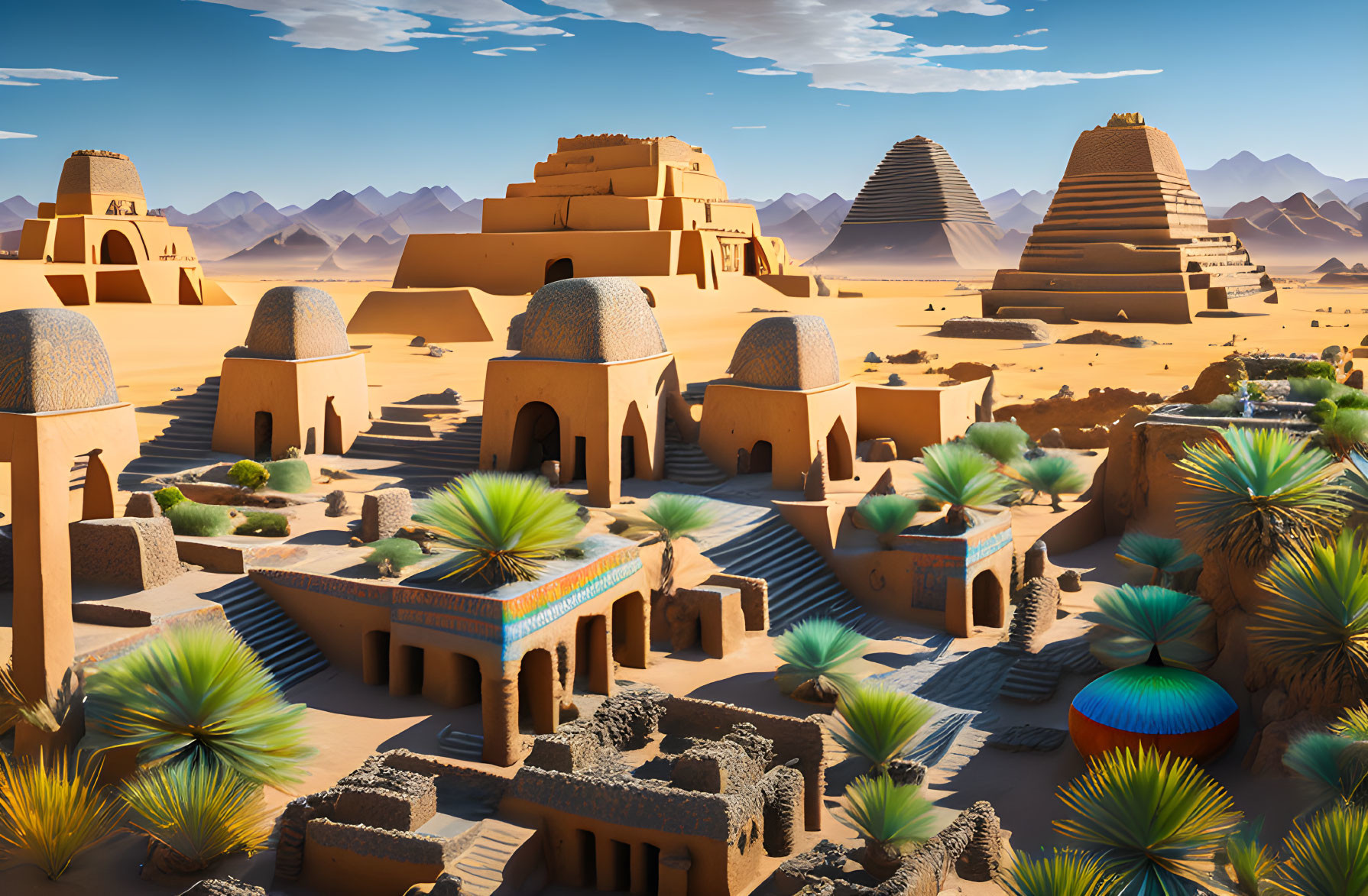 Ancient desert city digital illustration with pyramids and palm trees