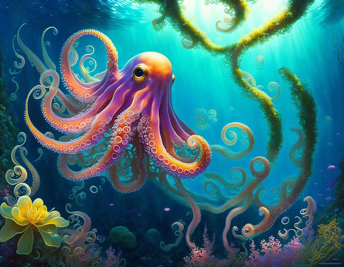 Detailed Octopus in Vibrant Underwater Scene