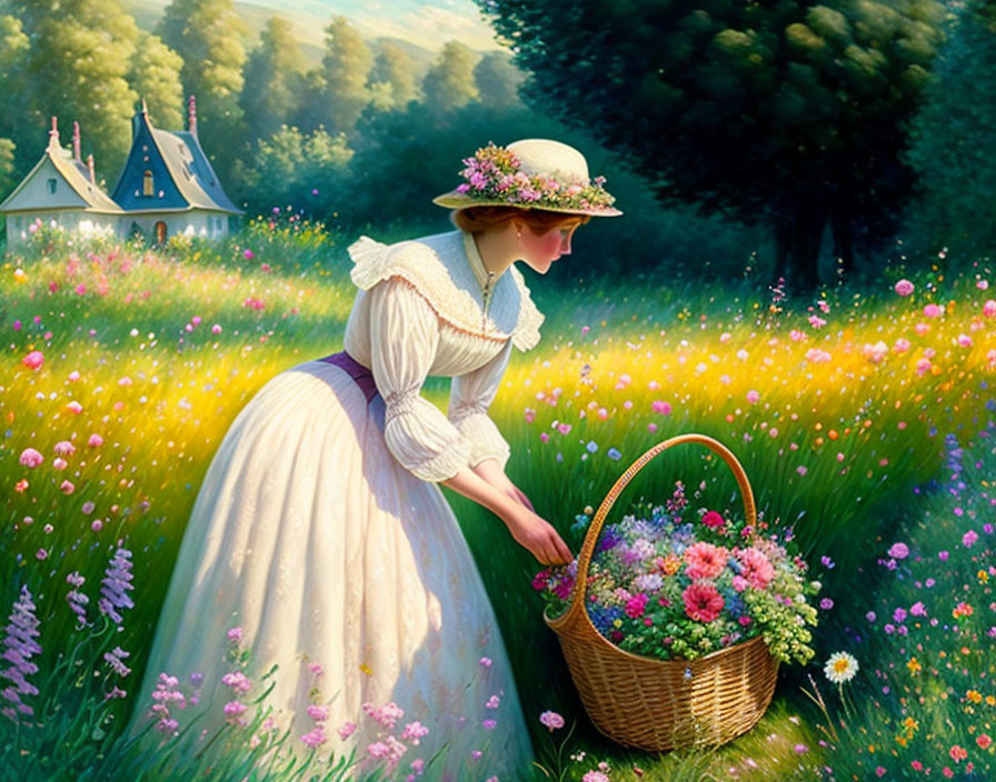 Woman in vintage attire picking flowers in vibrant meadow near cottage