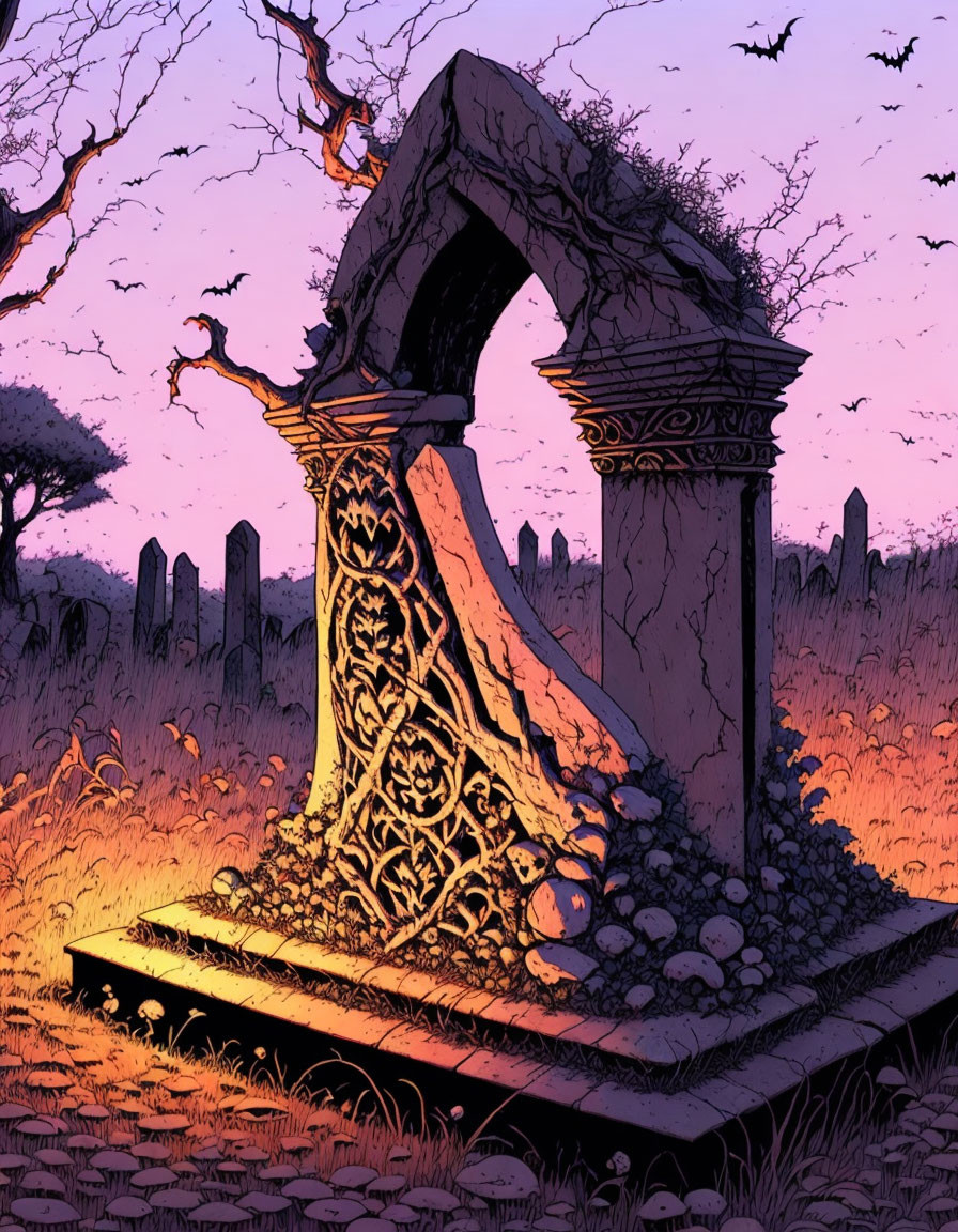 Gothic-style grave marker in cemetery at dusk with bats and barren trees