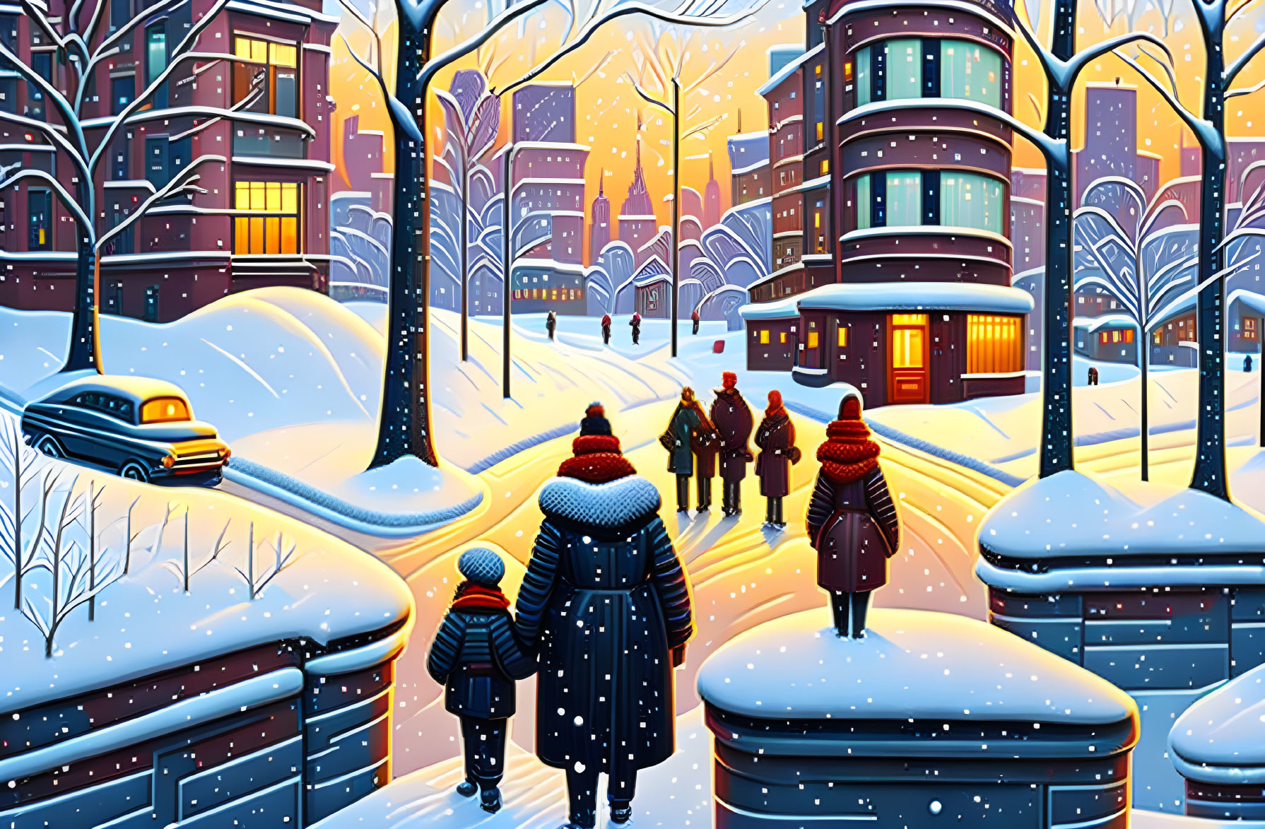 Vibrant winter city scene with people, buildings, and snow-covered streets